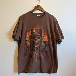 Fruit of the Loom Graphic T-Shirt Mens XL Brown Skull Scarecrow Top Hat Crow
